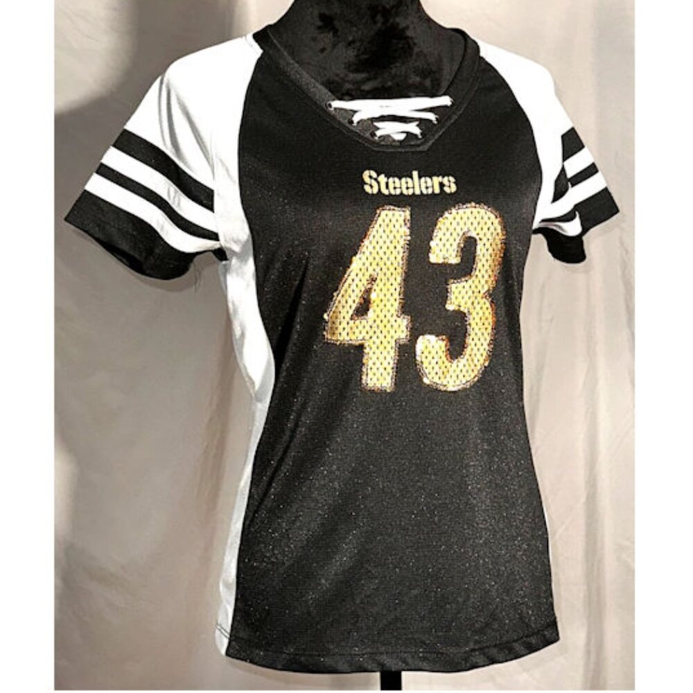 Majestic Pittsburgh Steelers #43 Black and White Lace-Up Jersey